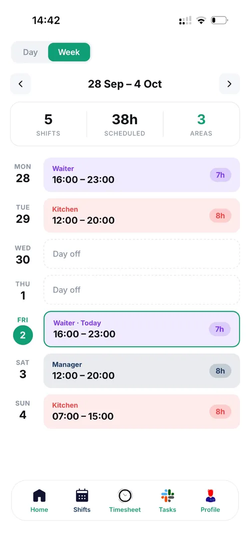 Staff app week view with shifts by area